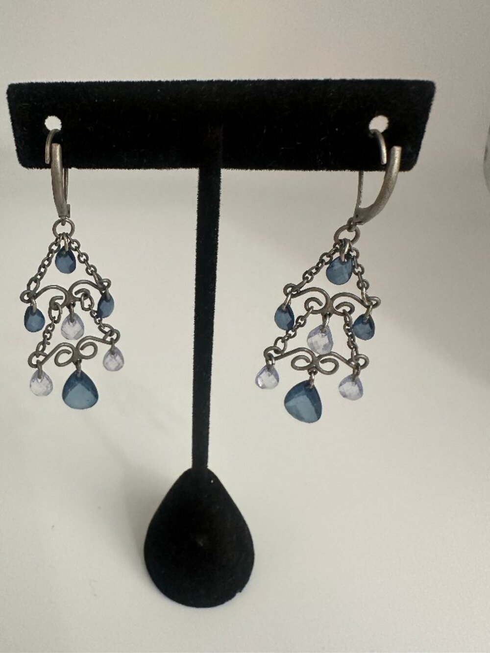 Y2K Blue Chandelier Leverback Earrings Silver Tone